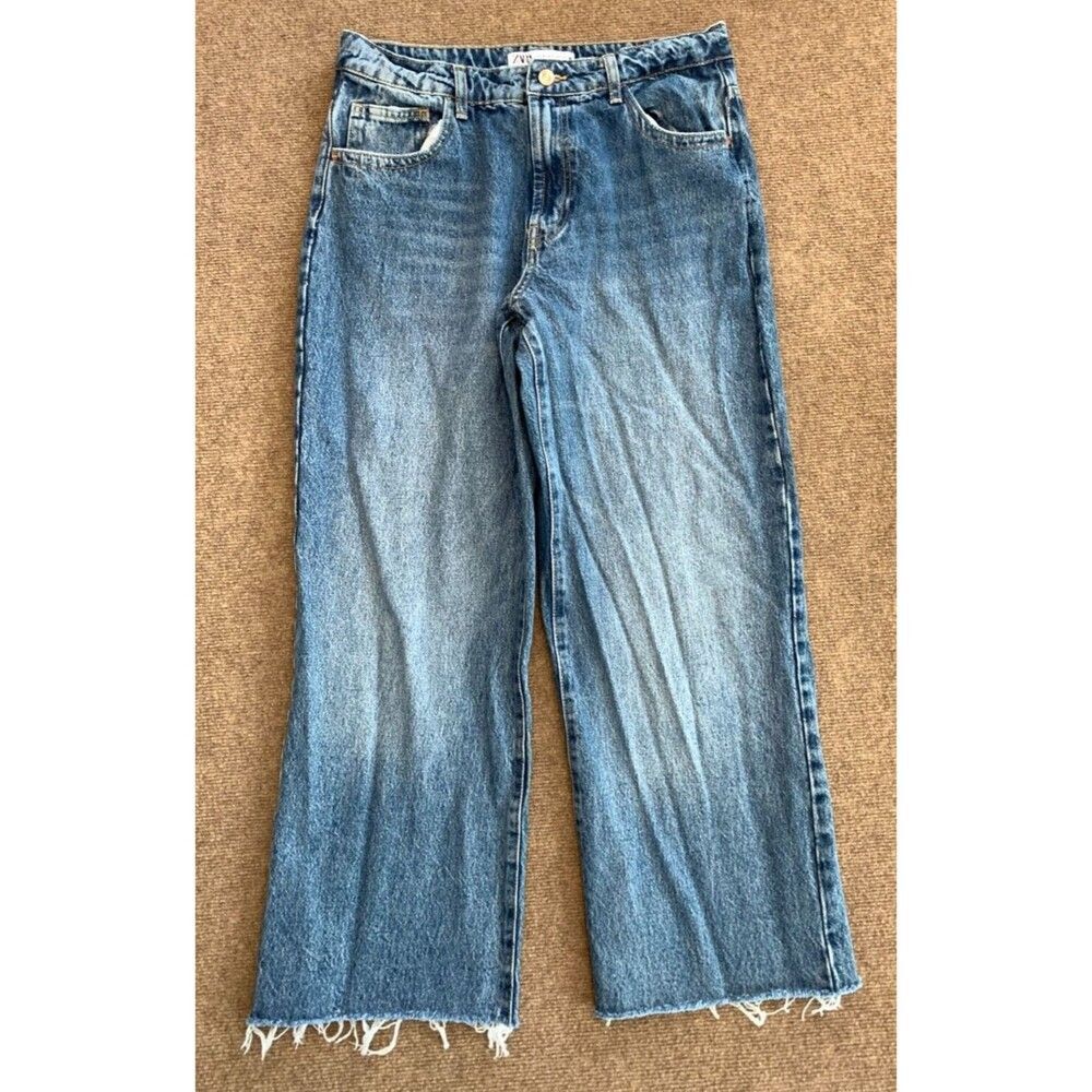 Zara High Rise Wide Leg Jeans Womens 6 Stone Wash Raw Hem Boho Y2K Boho Denim